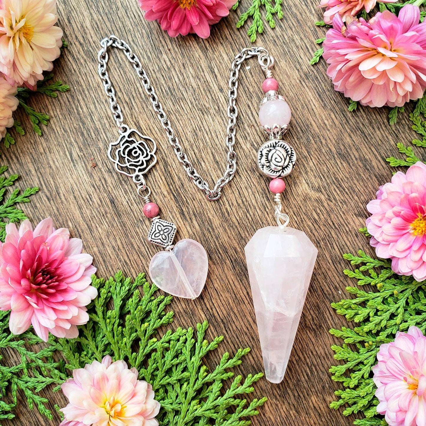 Rose Quartz Pendulum | scrying | divination | Rose bead | rose charm | rose quartz heart | clairvoyance | open third eye | heart protection