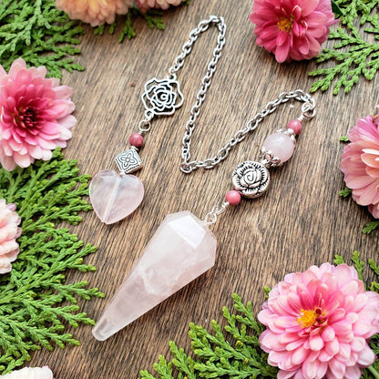 Rose Quartz Pendulum | scrying | divination | Rose bead | rose charm | rose quartz heart | clairvoyance | open third eye | heart protection