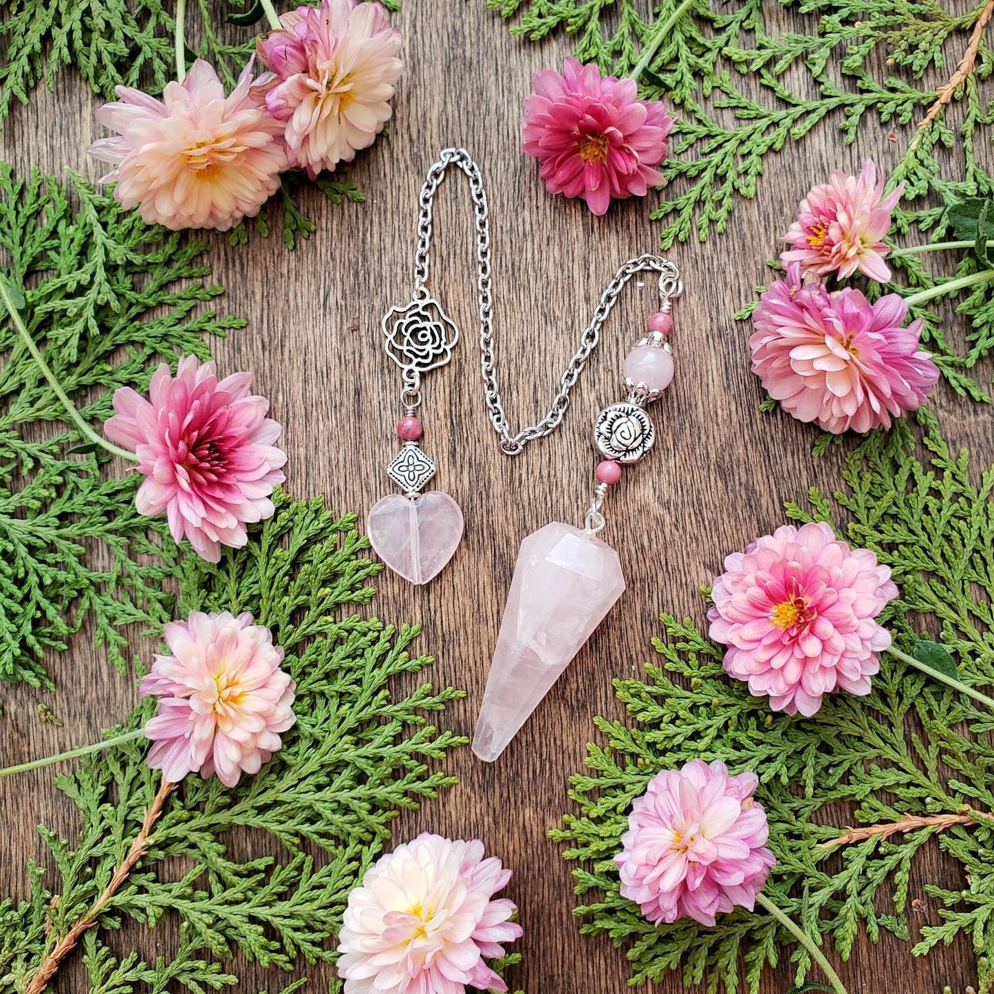 Rose Quartz Pendulum | scrying | divination | Rose bead | rose charm | rose quartz heart | clairvoyance | open third eye | heart protection