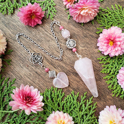 Rose Quartz Pendulum | scrying | divination | Rose bead | rose charm | rose quartz heart | clairvoyance | open third eye | heart protection