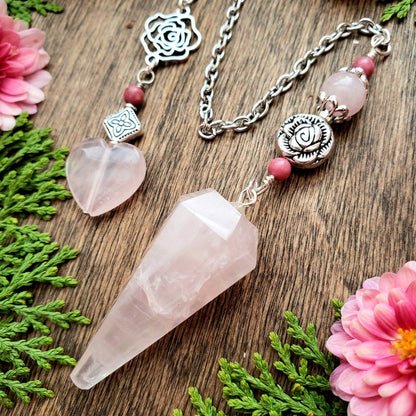 Rose Quartz Pendulum | scrying | divination | Rose bead | rose charm | rose quartz heart | clairvoyance | open third eye | heart protection