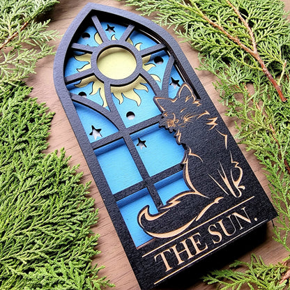 THE SUN. Tarot Fox wood wall decor hanging | Shadow box | Wooden Wall Art | Witchy decor | Altar space | Victorian Gothic window