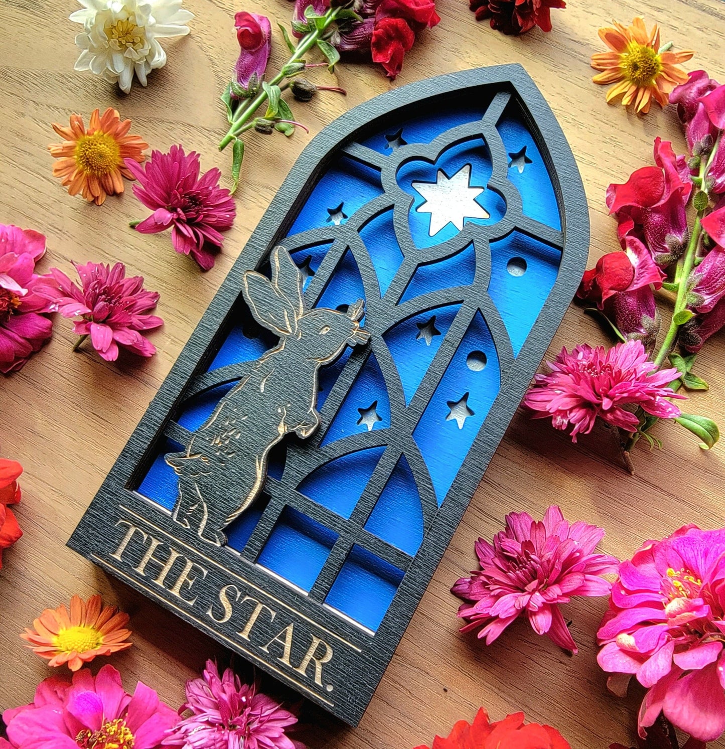 THE STAR. Tarot Bunny wood wall decor hanging | Shadow box | Ostara Wooden Wall Art | Witchy decor | Altar space | Victorian Gothic window|