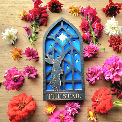 THE STAR. Tarot Bunny wood wall decor hanging | Shadow box | Ostara Wooden Wall Art | Witchy decor | Altar space | Victorian Gothic window|