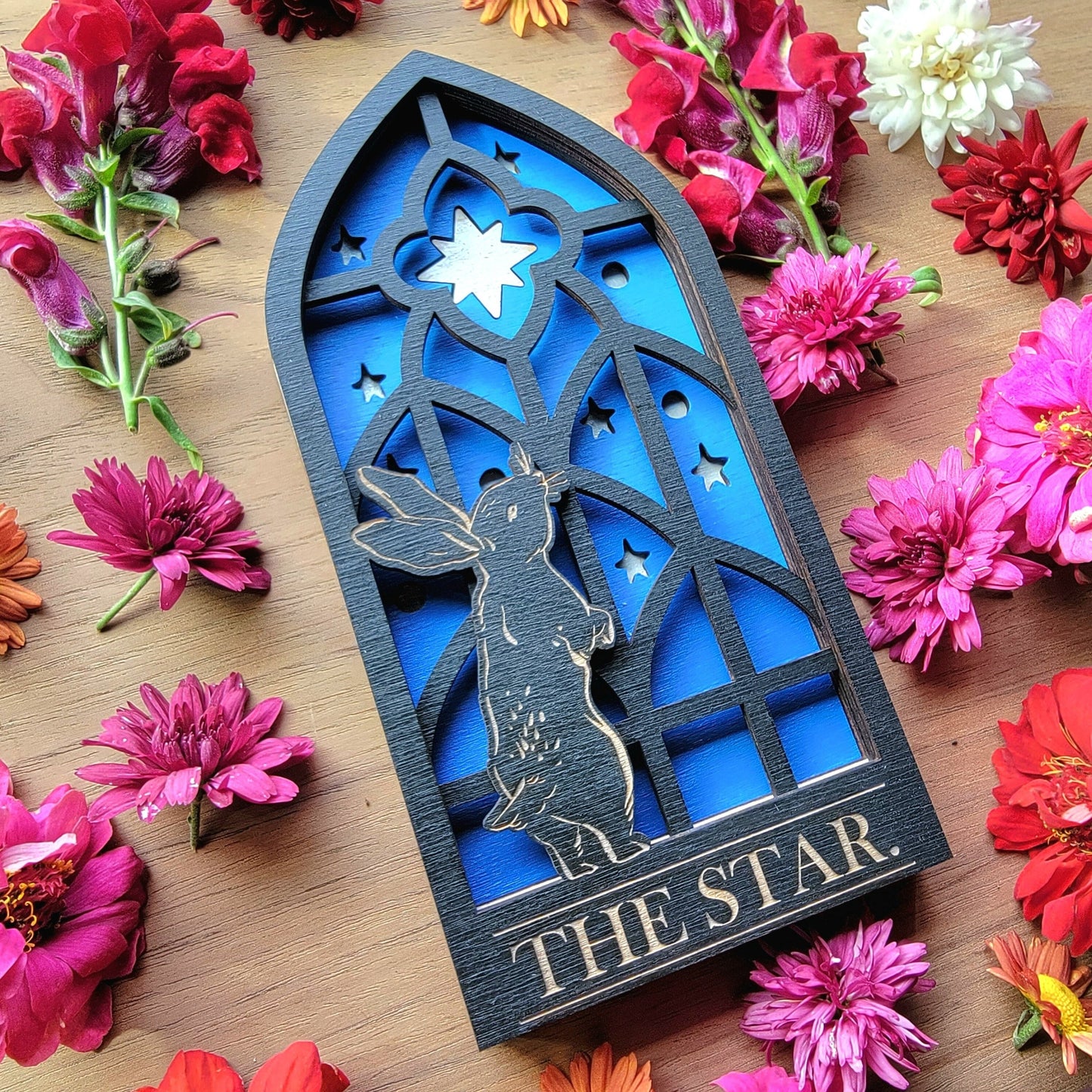 THE STAR. Tarot Bunny wood wall decor hanging | Shadow box | Ostara Wooden Wall Art | Witchy decor | Altar space | Victorian Gothic window|