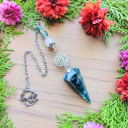 Green Moss Agate Pendulum | Green stone | Mushrooms | Psychic ability | intuition | divination | scying | dowsing |