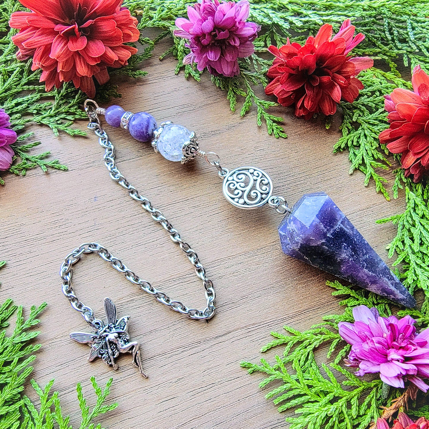 Lepidolite Pendulum | Purple Lavender stone | Fairy Fae Pixie charm | Psychic ability | intuition | divination | scying | dowsing |