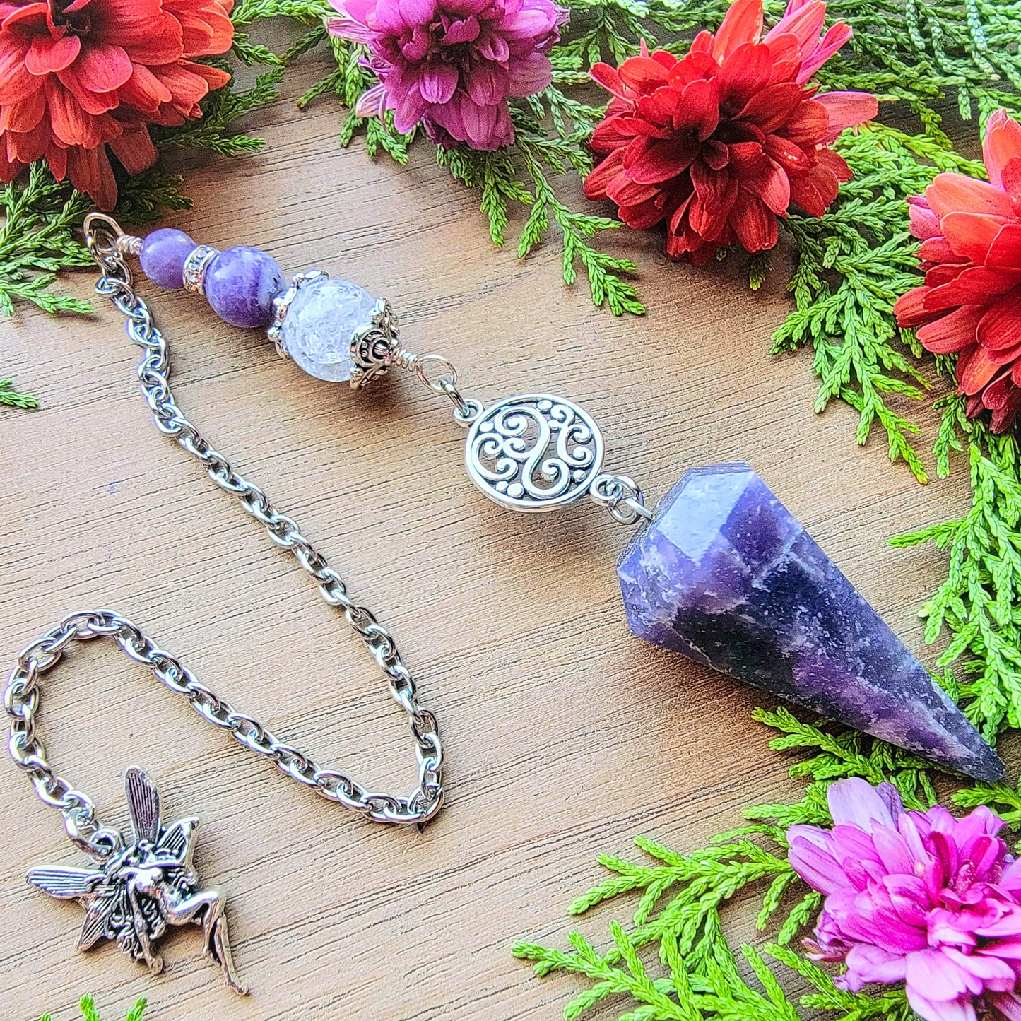 Lepidolite Pendulum | Purple Lavender stone | Fairy Fae Pixie charm | Psychic ability | intuition | divination | scying | dowsing |