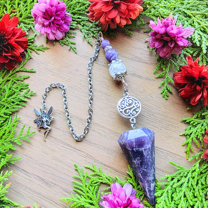 Lepidolite Pendulum | Purple Lavender stone | Fairy Fae Pixie charm | Psychic ability | intuition | divination | scying | dowsing |