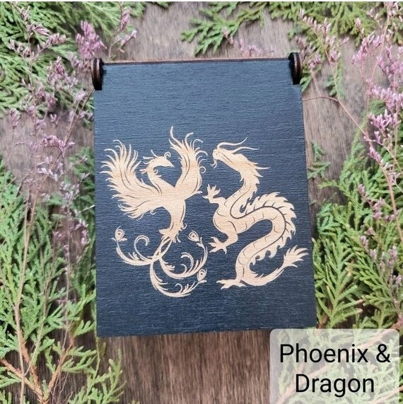 Dragon & Phoenix Rune box| 13 Witch Runes | black painted wood | Year of the Dragon | sun | wave | triquetra | fairy star | crescent m