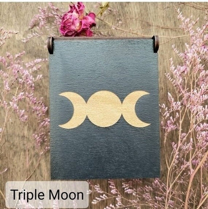 Triple Moon Rune Box | 13 Witch Runes | black painted wood | laser cut | the eye | sun | wave | triquetra | fairy star | crescent moon