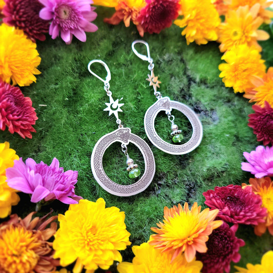 Ouroboros Stainless Steel earrings, Peridot or Citrine