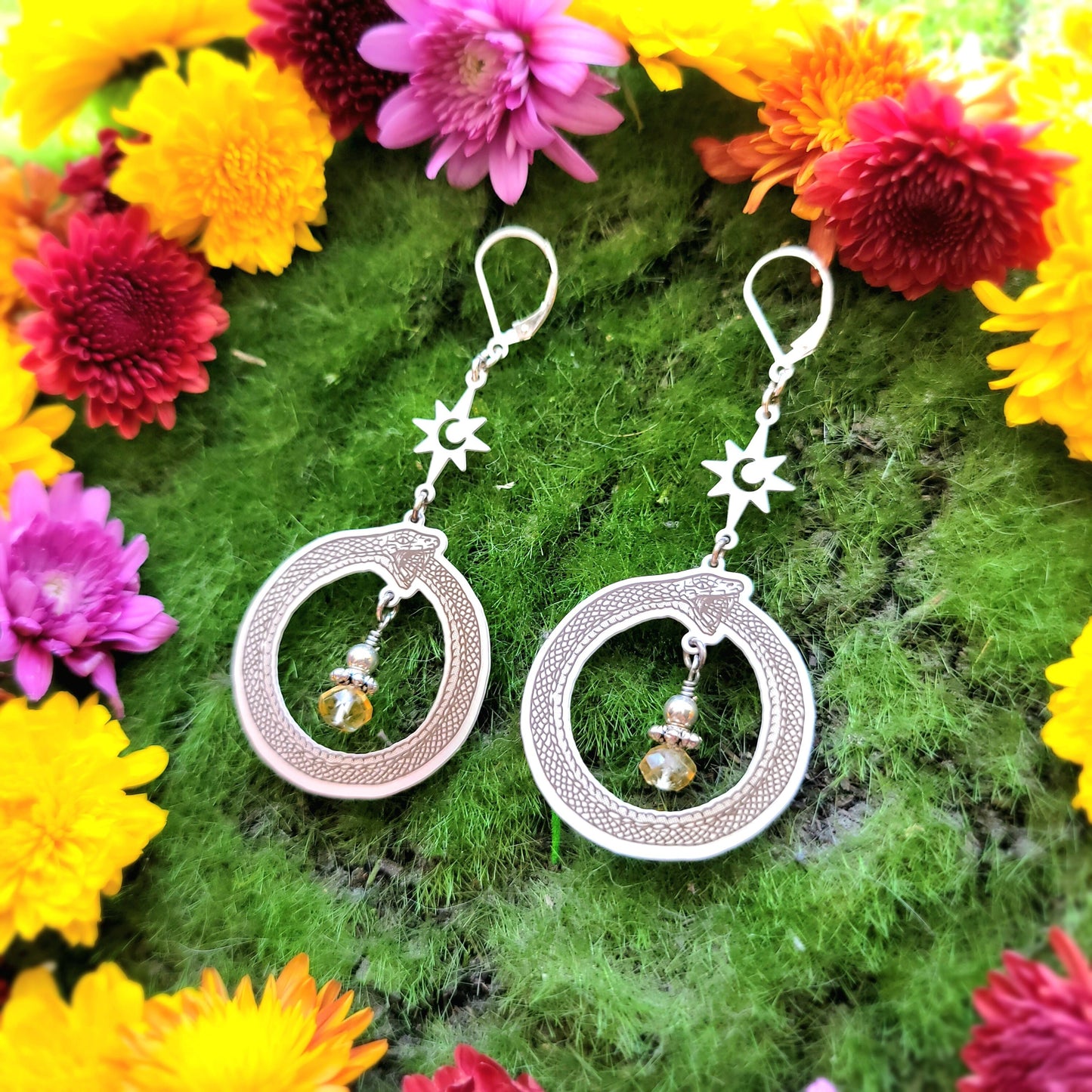 Ouroboros Stainless Steel earrings, Peridot or Citrine