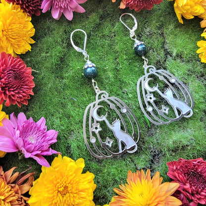 Cat Pumpkin Stainless Steel earrings | Cat and moon | Fall Autumn earrings | Mabon | Samhain