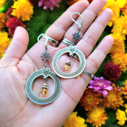 Ouroboros Stainless Steel earrings, Peridot or Citrine