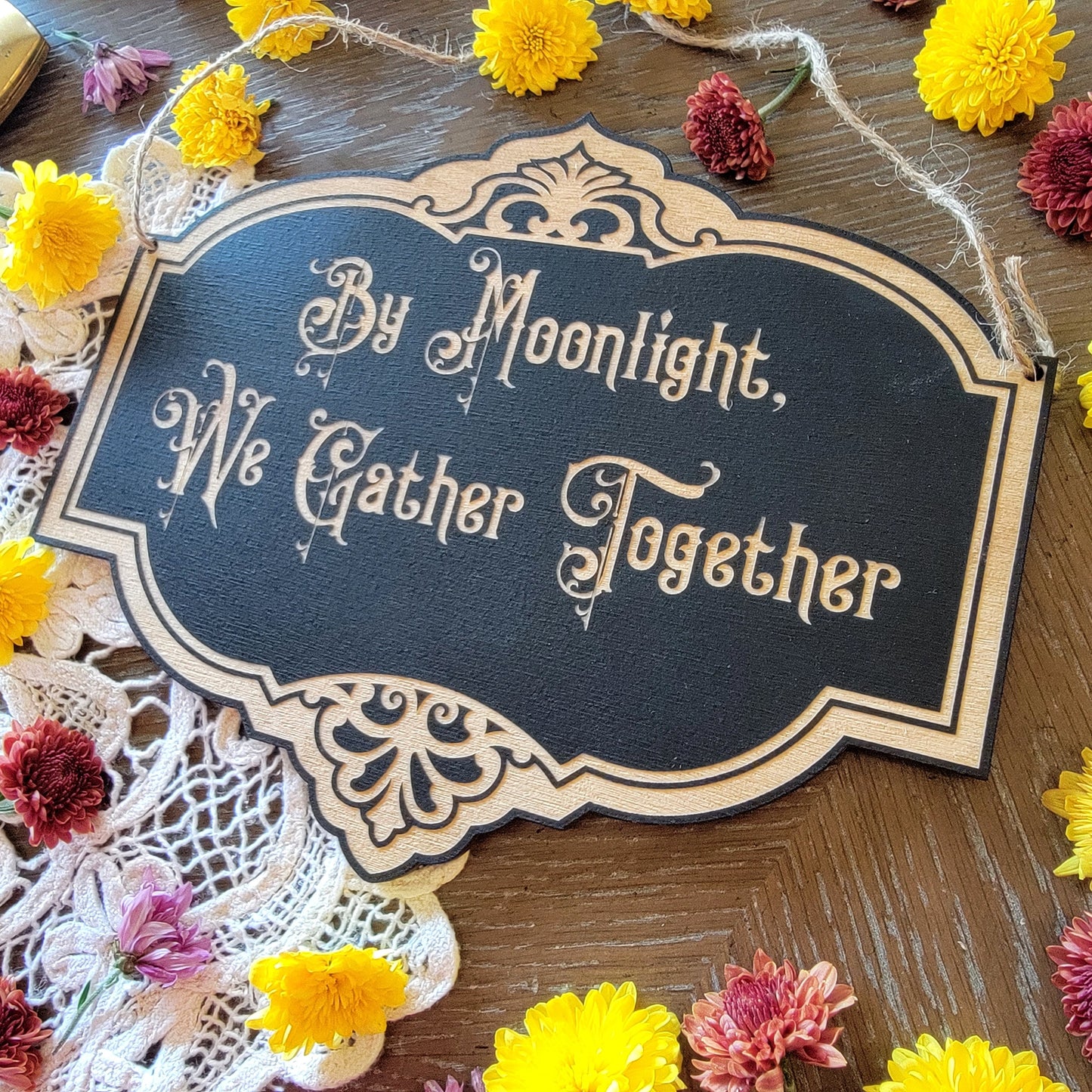 By Midnight we Gather Together | Wood engraved | Vintage Victorian style | Witchy sign