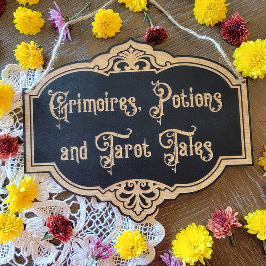 Grimoires Potions and Tarot Tales | Wood engraved | Vintage Victorian style | Witchy sign