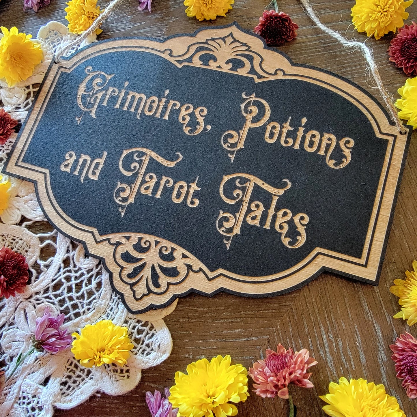 Grimoires Potions and Tarot Tales | Wood engraved | Vintage Victorian style | Witchy sign