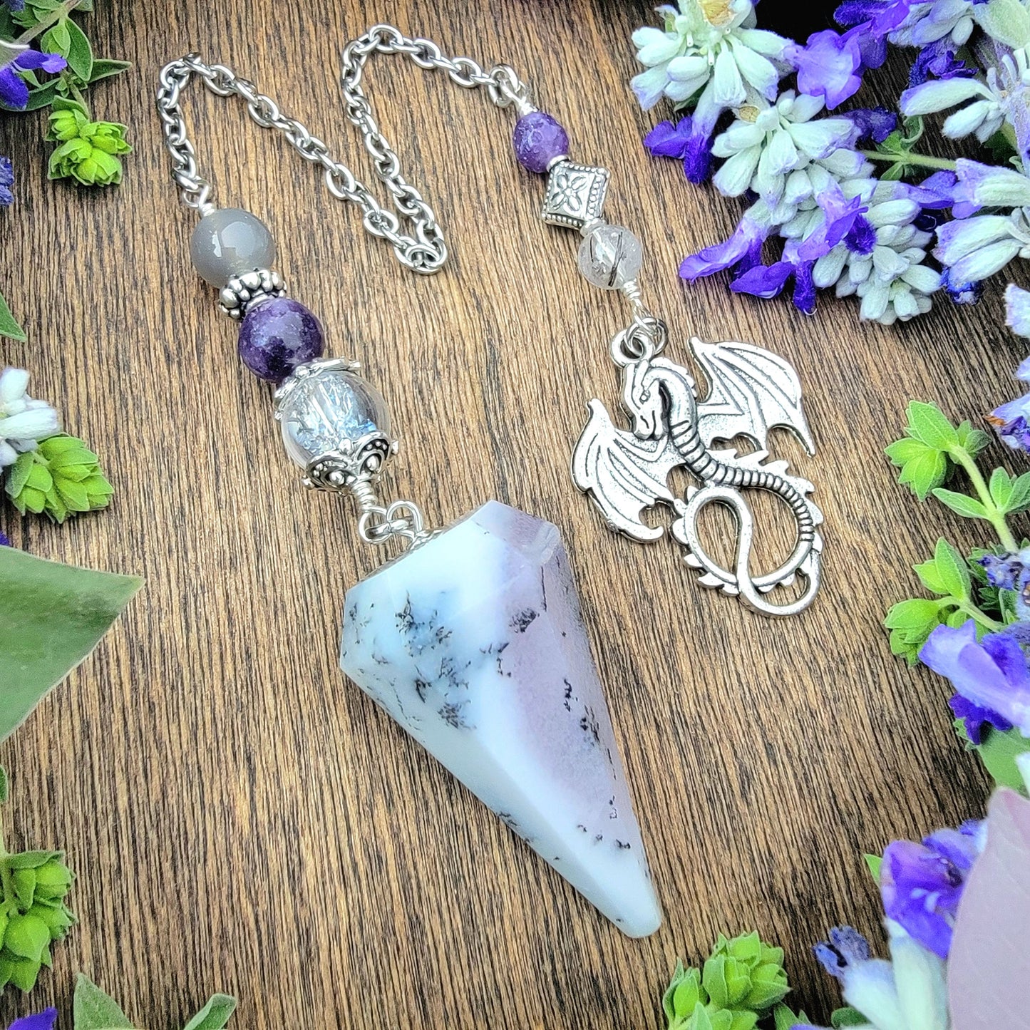 Dendritic Opal Dragon Pendulum | white stone | dragon | Lepidolite | Psychic ability | intuition | divination | scying | dowsing | fairycore