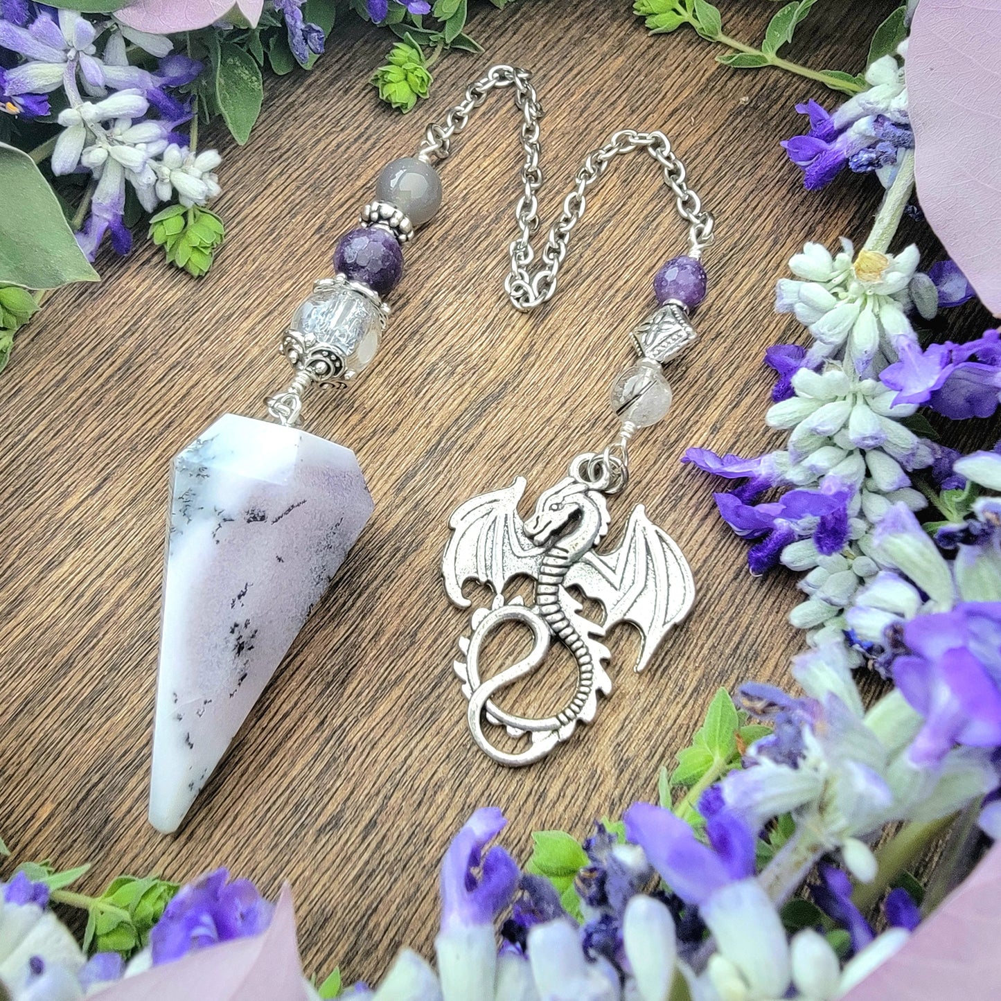 Dendritic Opal Dragon Pendulum | white stone | dragon | Lepidolite | Psychic ability | intuition | divination | scying | dowsing | fairycore