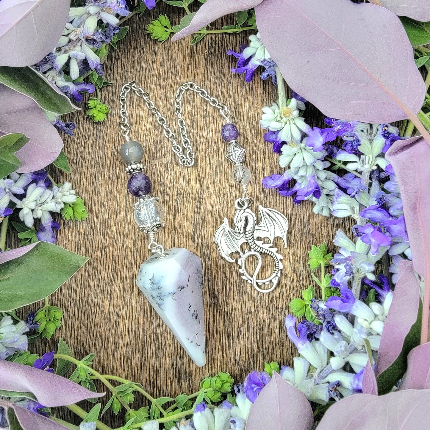 Dendritic Opal Dragon Pendulum | white stone | dragon | Lepidolite | Psychic ability | intuition | divination | scying | dowsing | fairycore