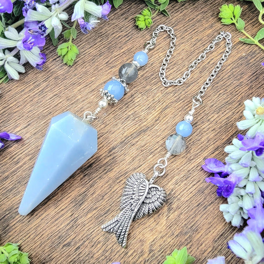 Angelite Angel Wings Pendulum | Blue stone | Labradorite | Psychic ability | intuition | divination | scying | dowsing |