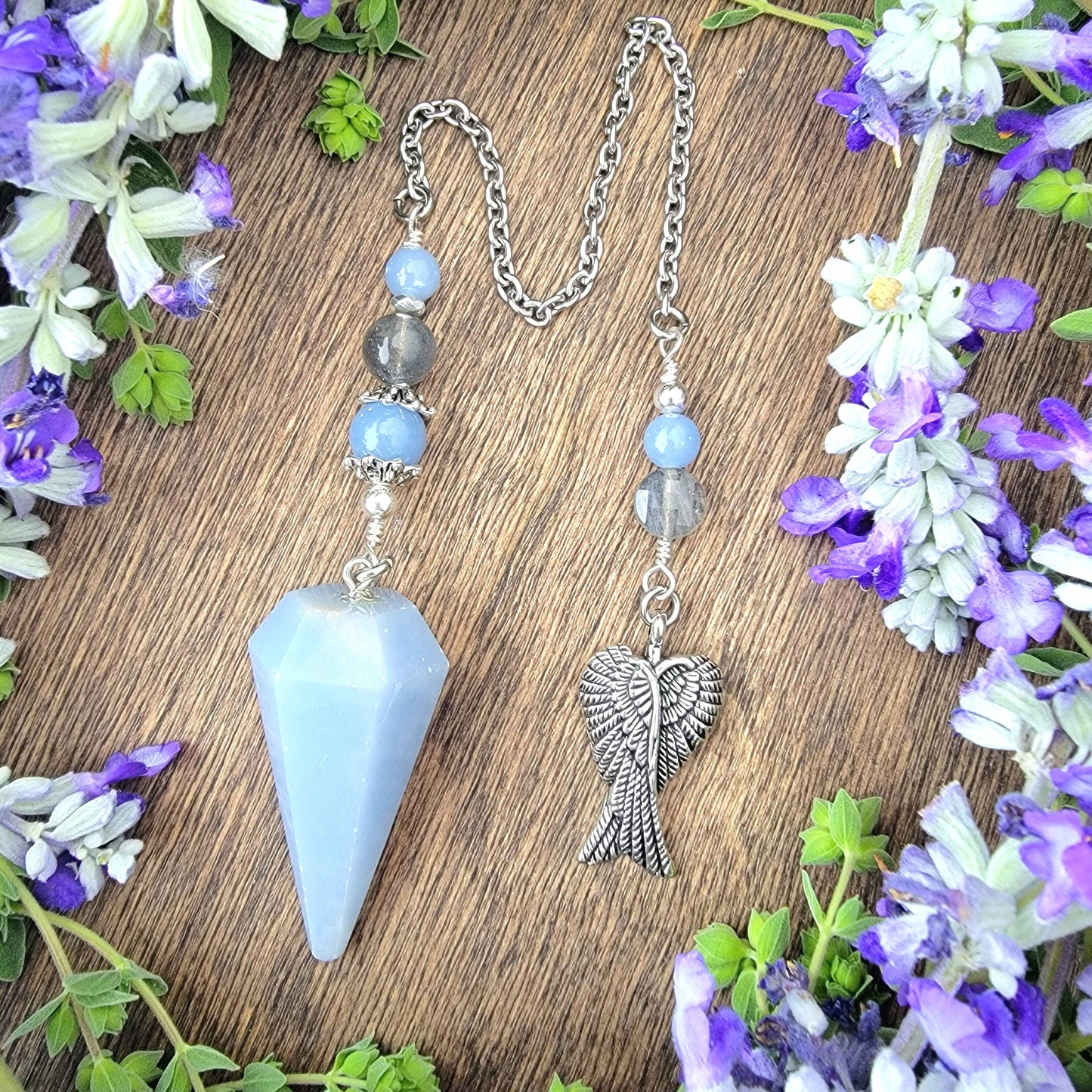 Angelite Angel Wings Pendulum | Blue stone | Labradorite | Psychic ability | intuition | divination | scying | dowsing |