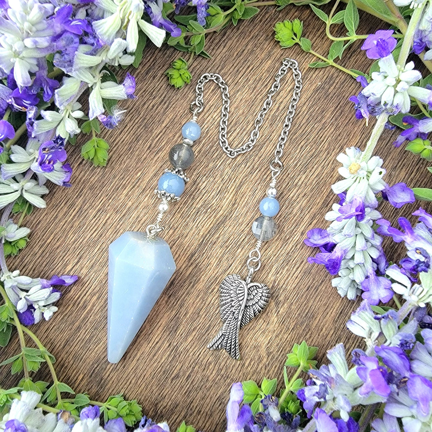 Angelite Angel Wings Pendulum | Blue stone | Labradorite | Psychic ability | intuition | divination | scying | dowsing |