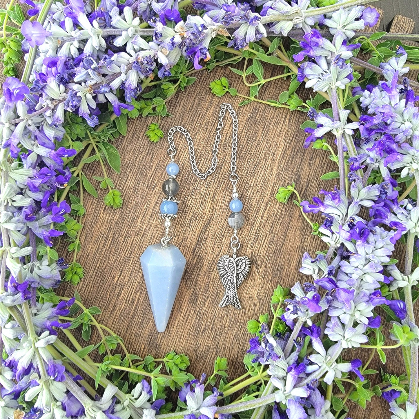 Angelite Angel Wings Pendulum | Blue stone | Labradorite | Psychic ability | intuition | divination | scying | dowsing |