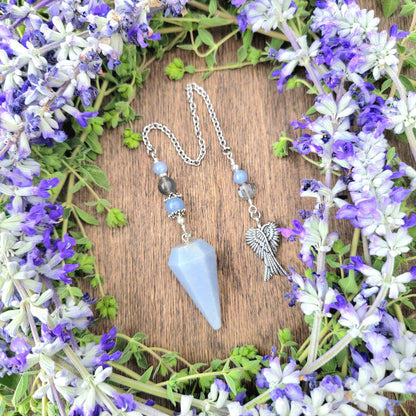 Angelite Angel Wings Pendulum | Blue stone | Labradorite | Psychic ability | intuition | divination | scying | dowsing |