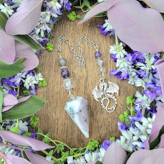 Dendritic Opal Dragon Pendulum | white stone | dragon | Lepidolite | Psychic ability | intuition | divination | scying | dowsing | fairycore