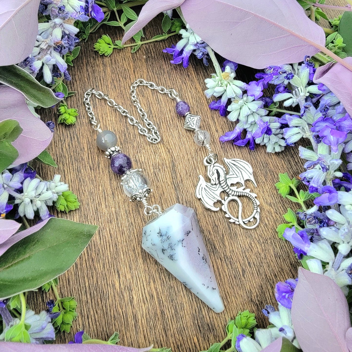 Dendritic Opal Dragon Pendulum | white stone | dragon | Lepidolite | Psychic ability | intuition | divination | scying | dowsing | fairycore