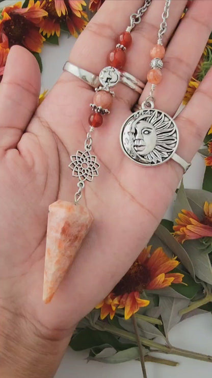 Sunstone Pendulum | Sacred Geometry flower | Carnelian | Sun charm | Angel wing charm