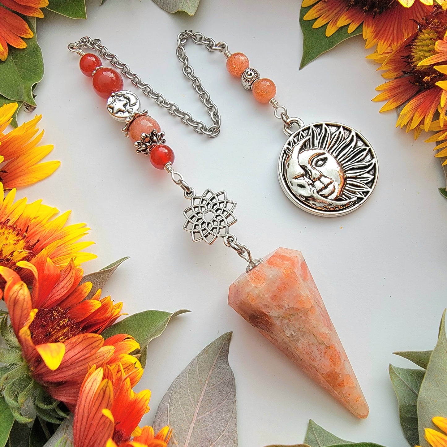 Sunstone Pendulum | Sacred Geometry flower | Carnelian | Sun charm | Angel wing charm