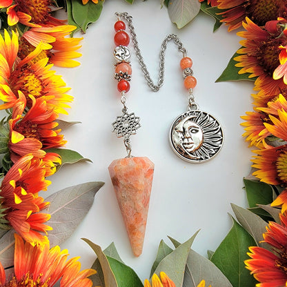 Sunstone Pendulum | Sacred Geometry flower | Carnelian | Sun charm | Angel wing charm