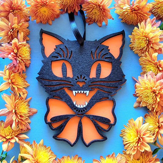 Retro Cat Ornament | Vintage | Halloween | Samhain | Black Orange cat | two layer | 3D ornament | Spooky Cat | Retro decor