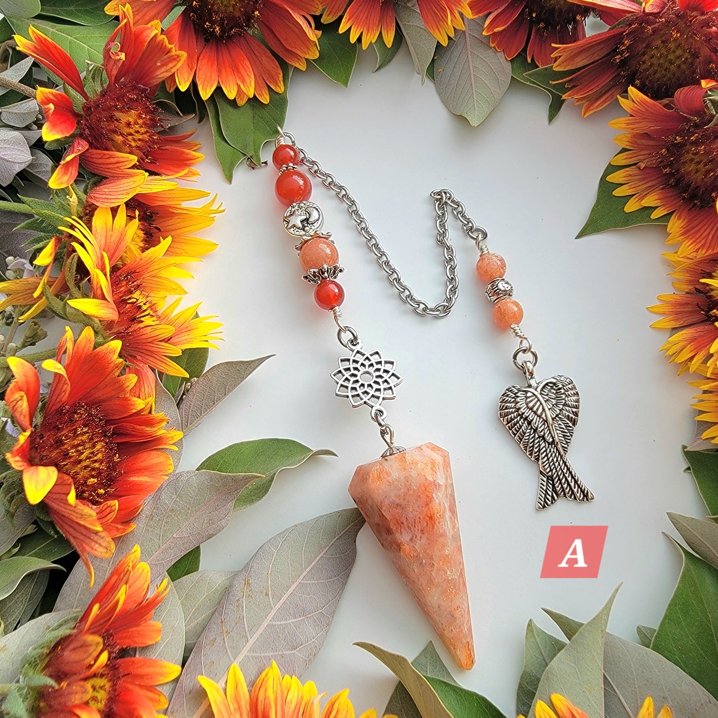 Sunstone Pendulum | Sacred Geometry flower | Carnelian | Sun charm | Angel wing charm