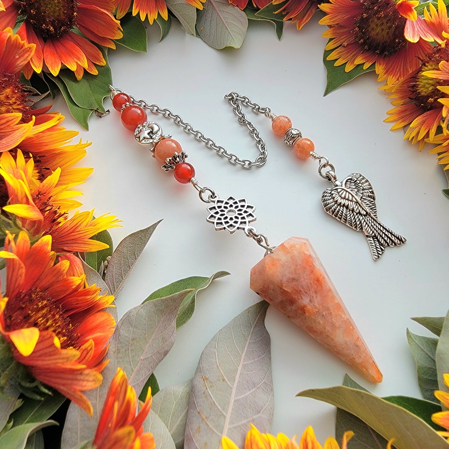 Sunstone Pendulum | Sacred Geometry flower | Carnelian | Sun charm | Angel wing charm