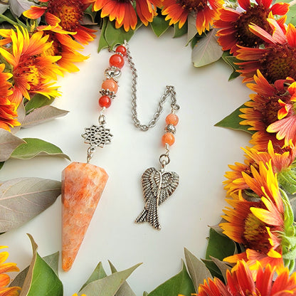 Sunstone Pendulum | Sacred Geometry flower | Carnelian | Sun charm | Angel wing charm