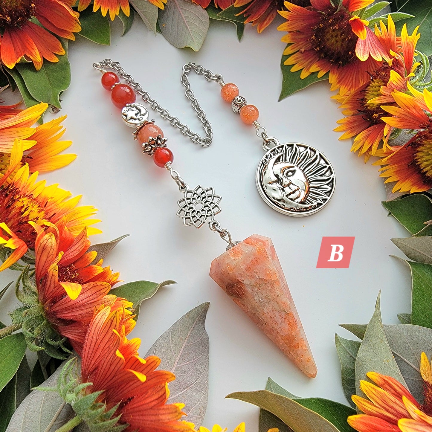 Sunstone Pendulum | Sacred Geometry flower | Carnelian | Sun charm | Angel wing charm